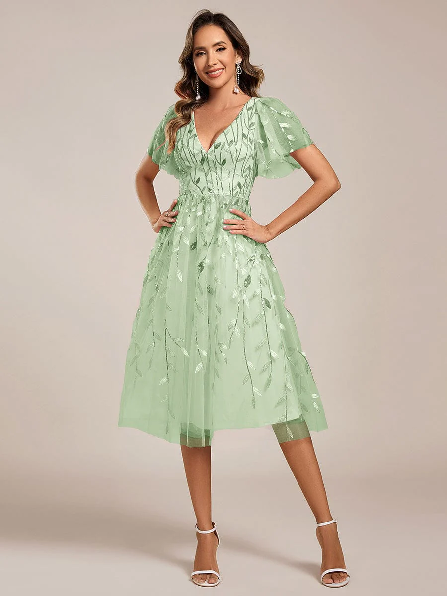 ever SIMONE|Leaf Sequin Short Sleeve Tulle Midi Evening Dress(Final Sale) - Image 106