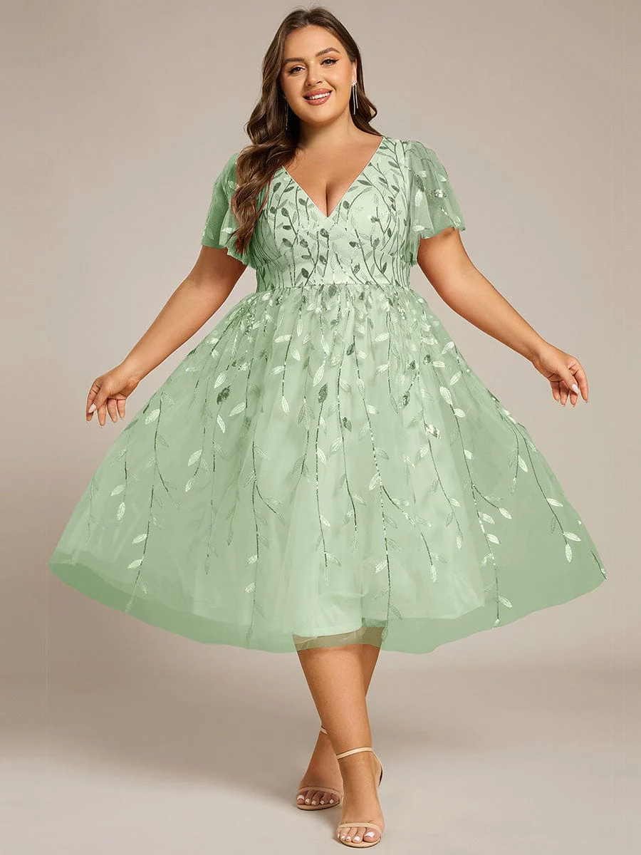 ever SIMONE|Leaf Sequin Short Sleeve Tulle Midi Evening Dress(Final Sale) - Image 111