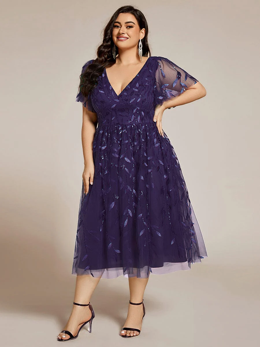 ever SIMONE|Leaf Sequin Short Sleeve Tulle Midi Evening Dress(Final Sale) - Image 121