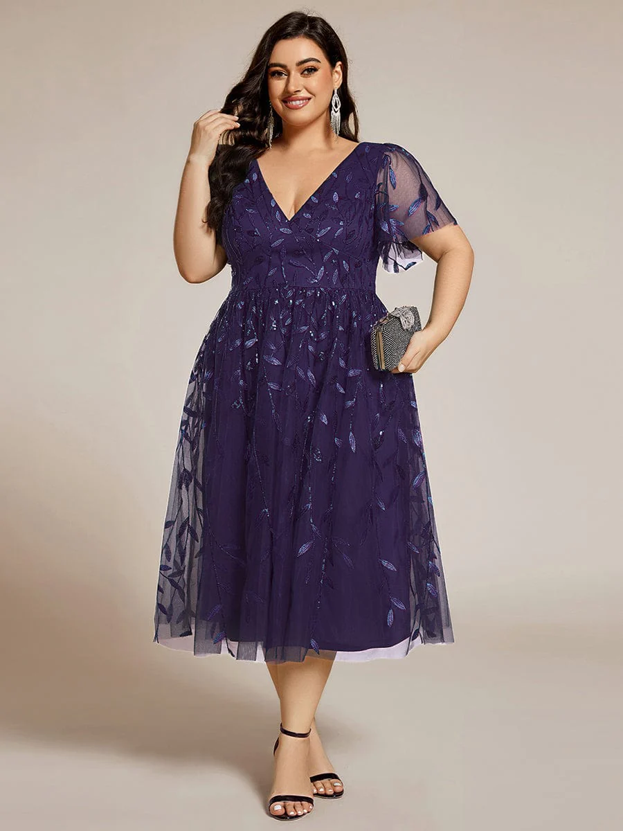 ever SIMONE|Leaf Sequin Short Sleeve Tulle Midi Evening Dress(Final Sale) - Image 122