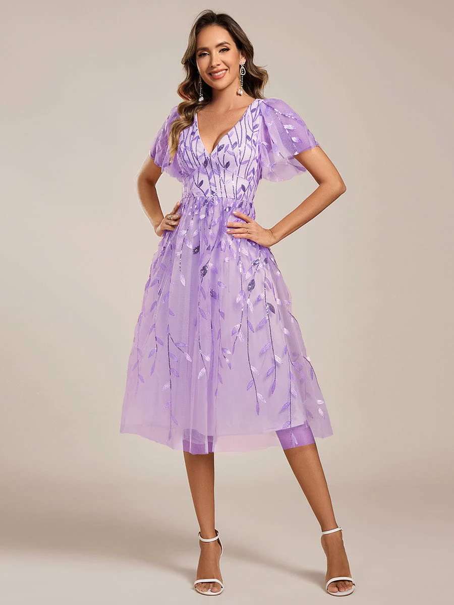 ever SIMONE|Leaf Sequin Short Sleeve Tulle Midi Evening Dress(Final Sale) - Image 131
