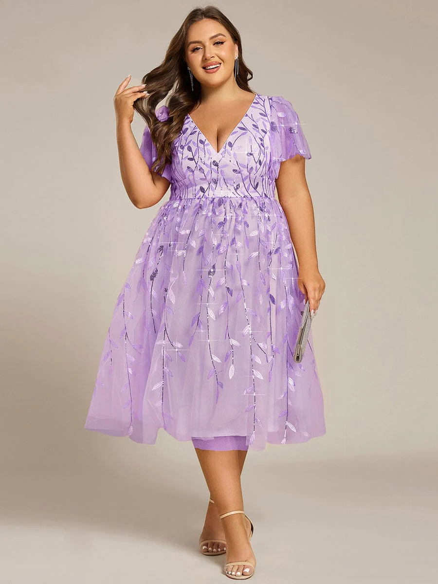 ever SIMONE|Leaf Sequin Short Sleeve Tulle Midi Evening Dress(Final Sale) - Image 140