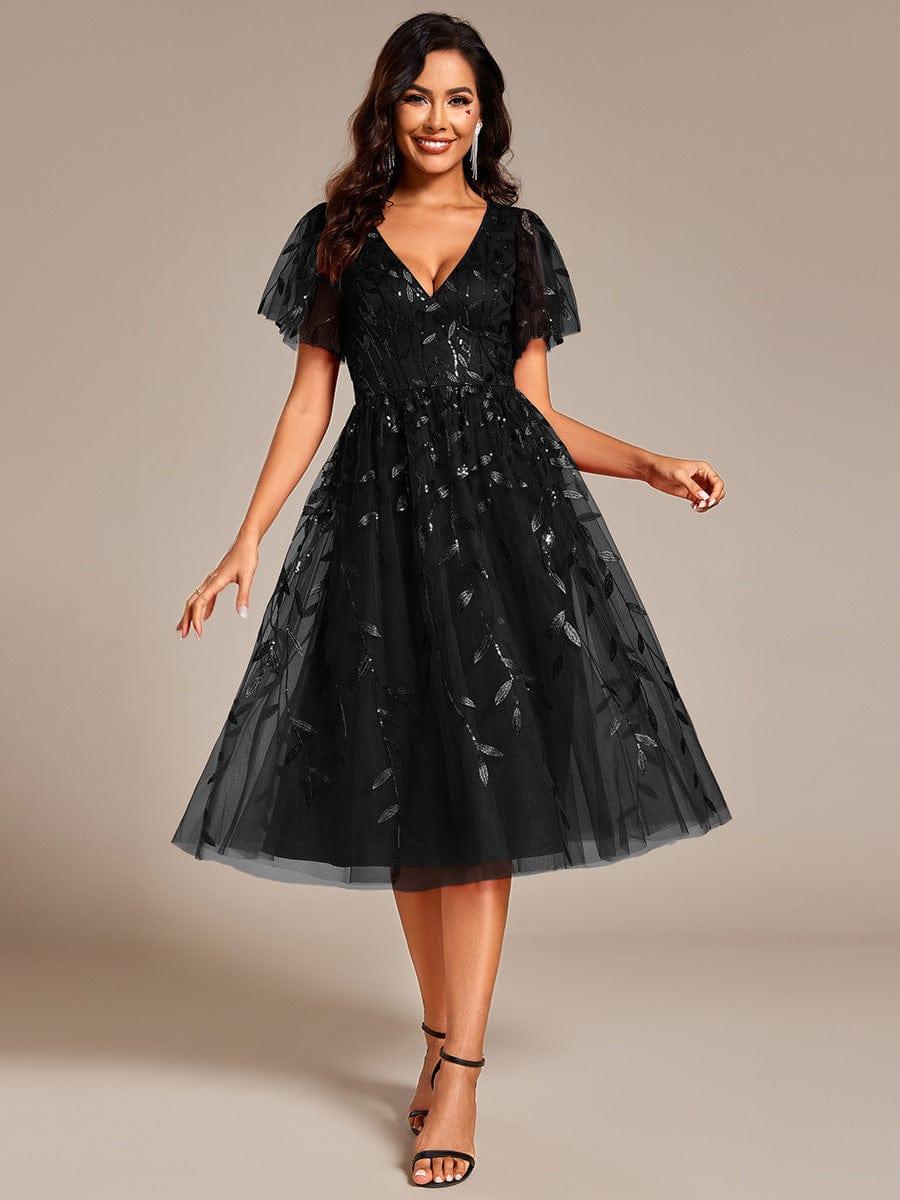 ever SIMONE|Leaf Sequin Short Sleeve Tulle Midi Evening Dress(Final Sale) - Image 15