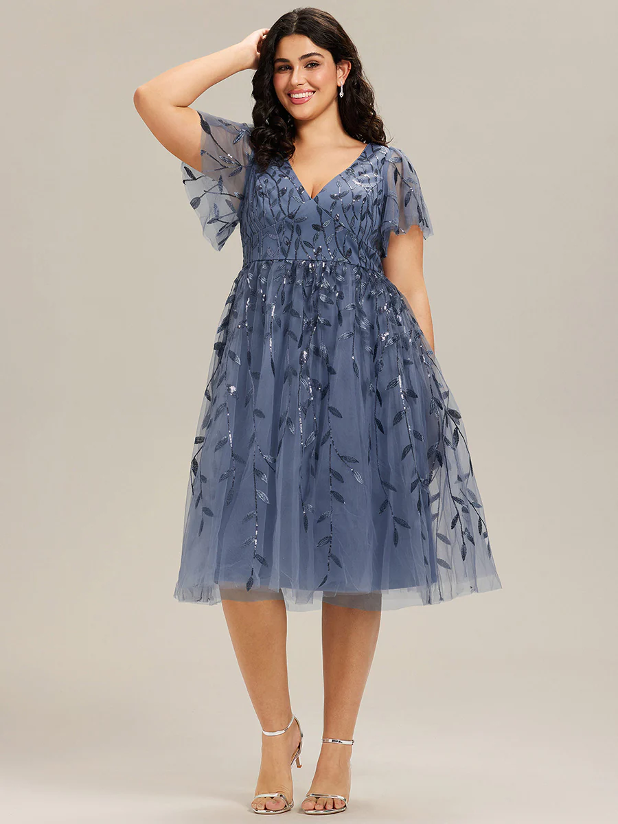 ever SIMONE|Leaf Sequin Short Sleeve Tulle Midi Evening Dress(Final Sale) - Image 61