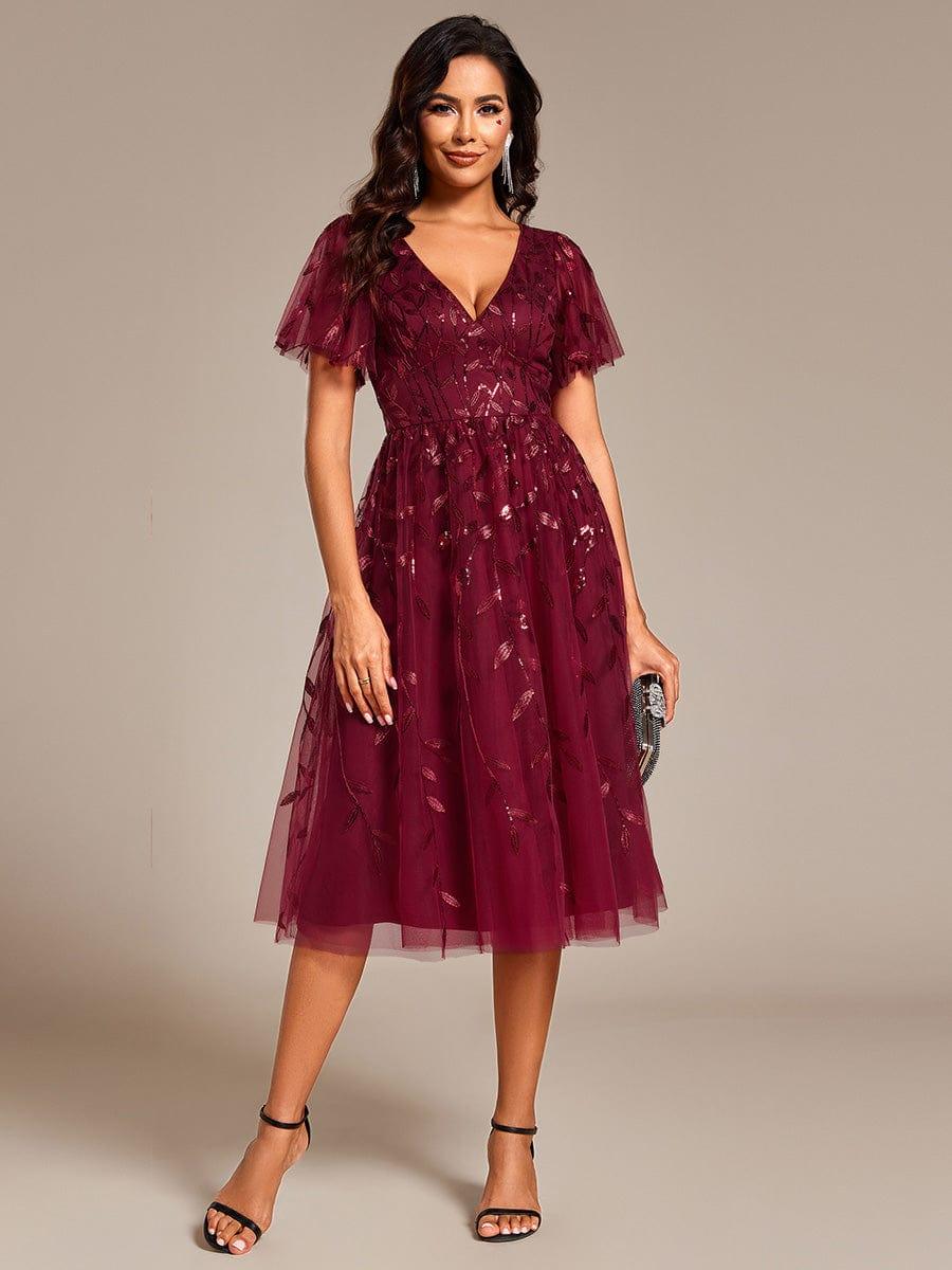 ever SIMONE|Leaf Sequin Short Sleeve Tulle Midi Evening Dress(Final Sale) - Image 7