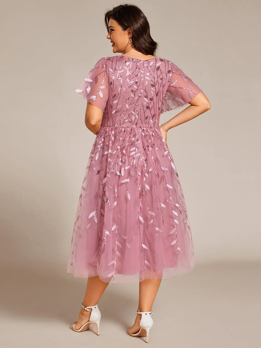 ever SIMONE|Leaf Sequin Short Sleeve Tulle Midi Evening Dress(Final Sale) - Image 99