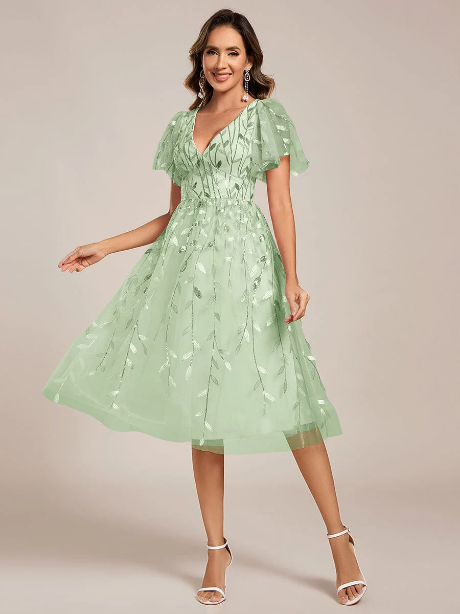 ever SIMONE|Leaf Sequin Short Sleeve Tulle Midi Wedding Guest Dress(Final Sale) - Image 103