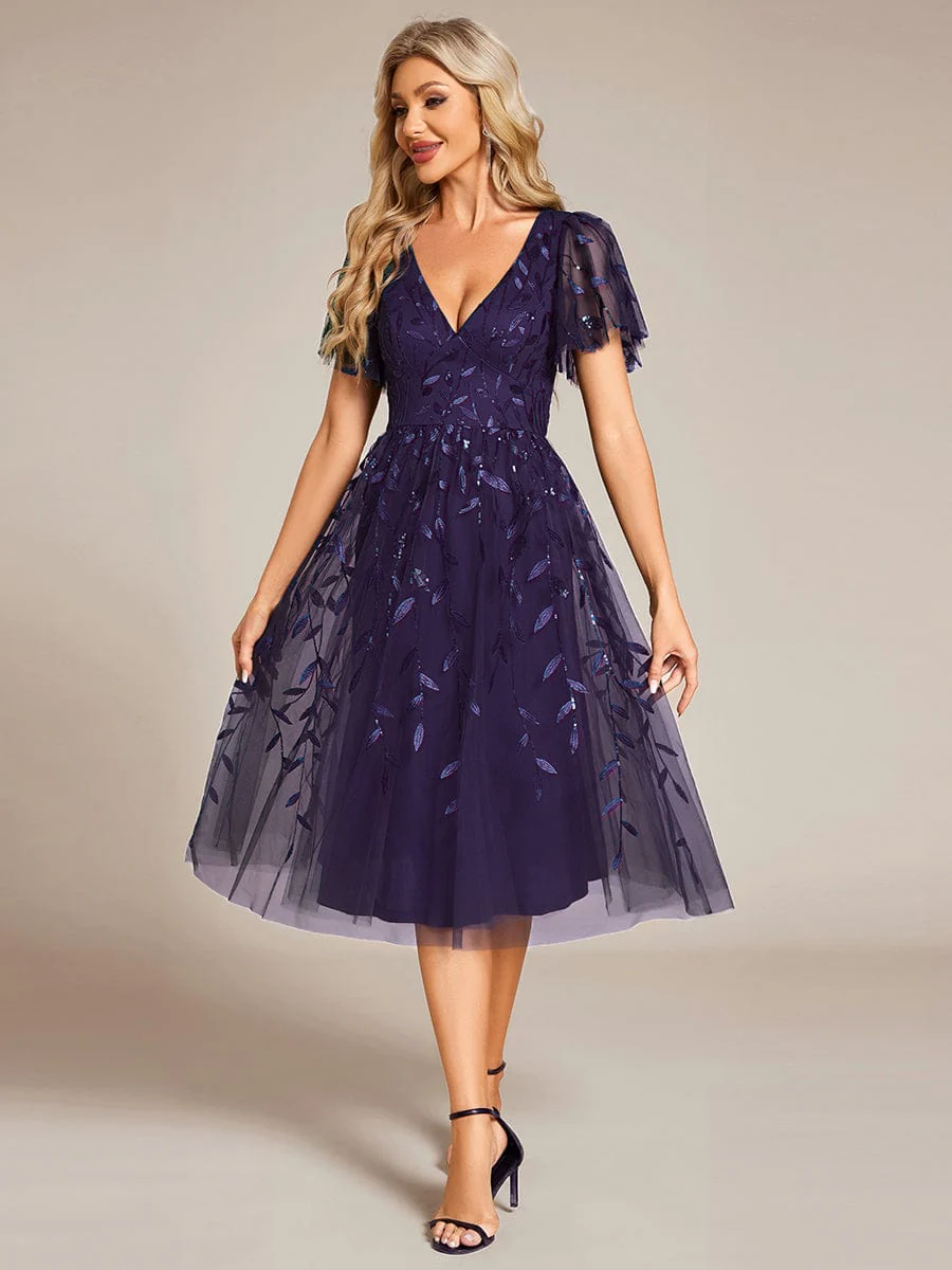 ever SIMONE|Leaf Sequin Short Sleeve Tulle Midi Wedding Guest Dress(Final Sale) - Image 113