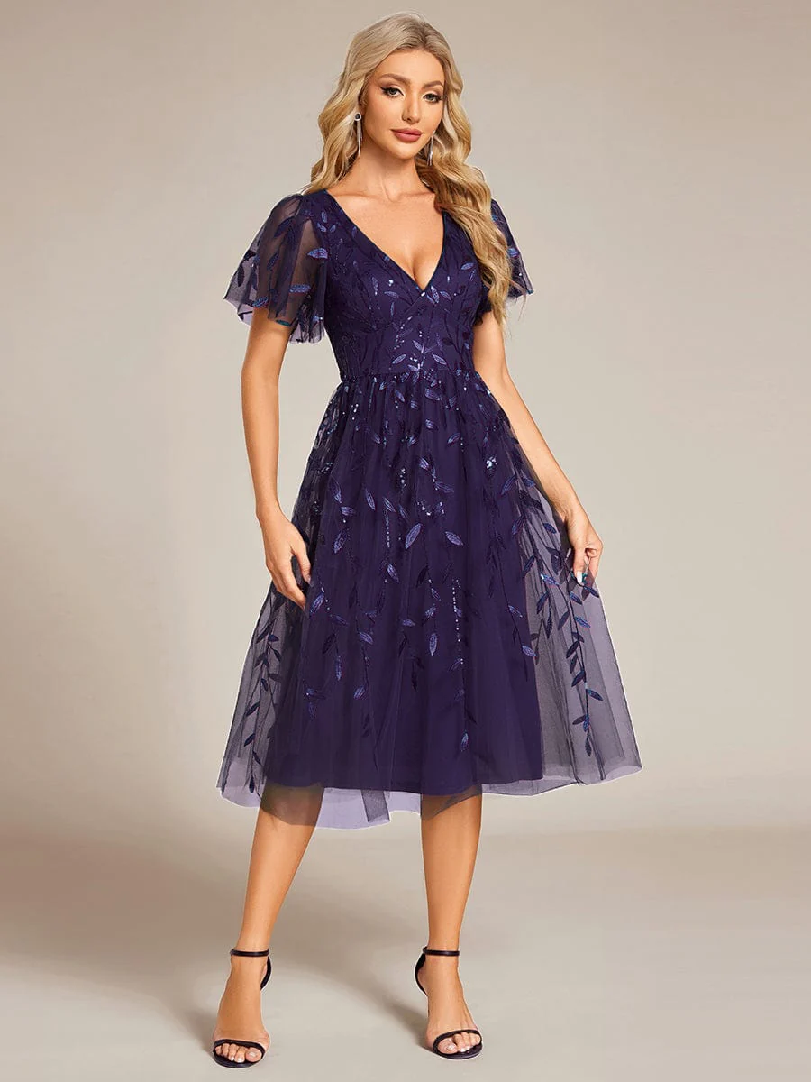ever SIMONE|Leaf Sequin Short Sleeve Tulle Midi Wedding Guest Dress(Final Sale) - Image 116