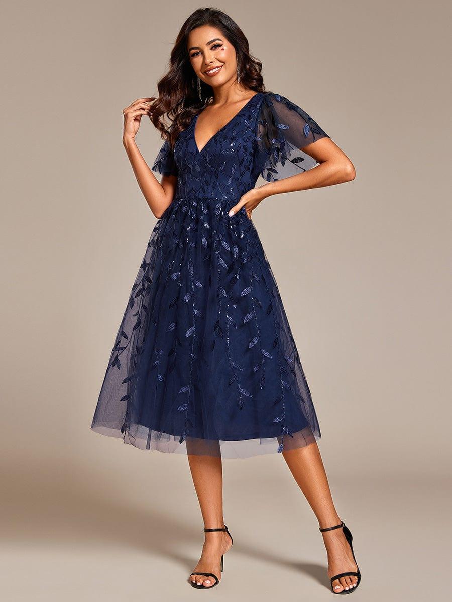 ever SIMONE|Leaf Sequin Short Sleeve Tulle Midi Wedding Guest Dress(Final Sale) - Image 32