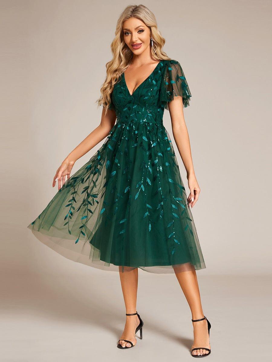 ever SIMONE|Leaf Sequin Short Sleeve Tulle Midi Wedding Guest Dress(Final Sale) - Image 49