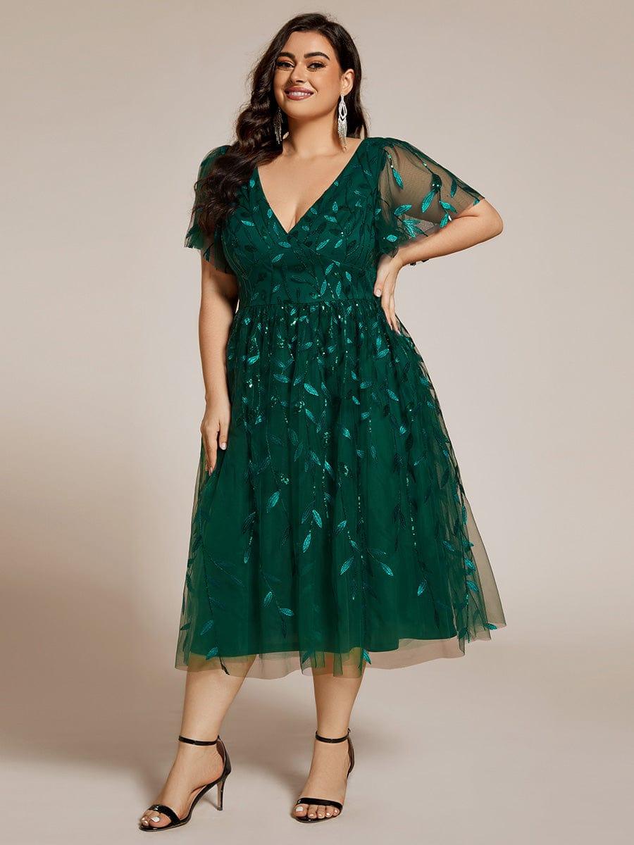 ever SIMONE|Leaf Sequin Short Sleeve Tulle Midi Wedding Guest Dress(Final Sale) - Image 53