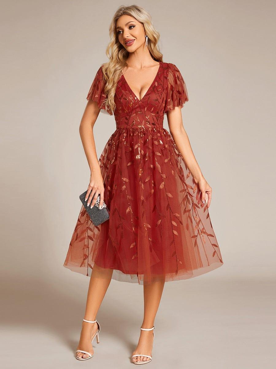 ever SIMONE|Leaf Sequin Short Sleeve Tulle Midi Wedding Guest Dress(Final Sale) - Image 7