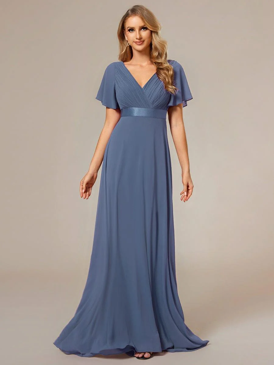 ever MONICA|Long Empire Waist Bridesmaid Dress with Short Flutter Sleeves - Image 169