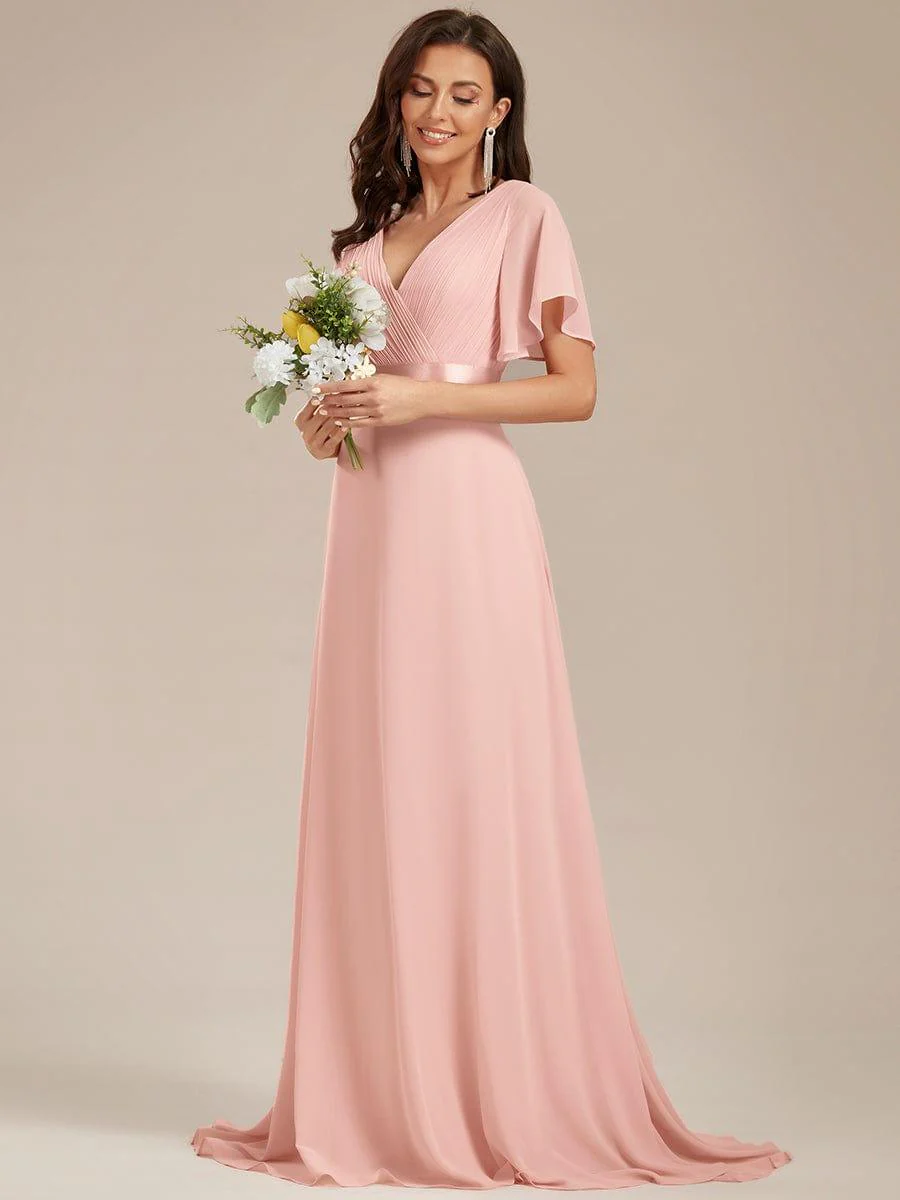 ever MONICA|Long Empire Waist Bridesmaid Dress with Short Flutter Sleeves - Image 30