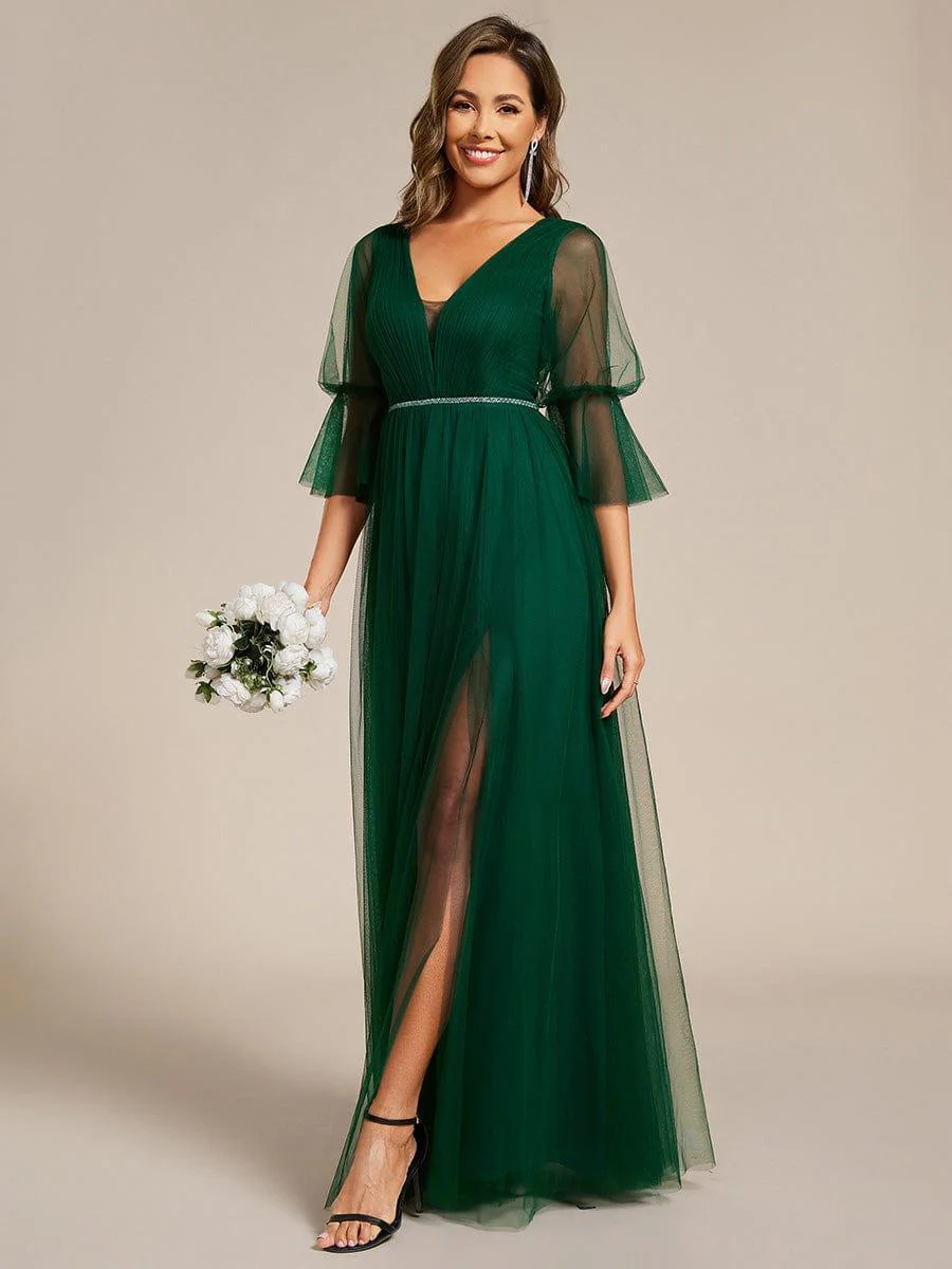 ever HEIDY|3/4 Sleeve Deep V-Neck Tulle Dress with Chain Waist Detail in Dark Green