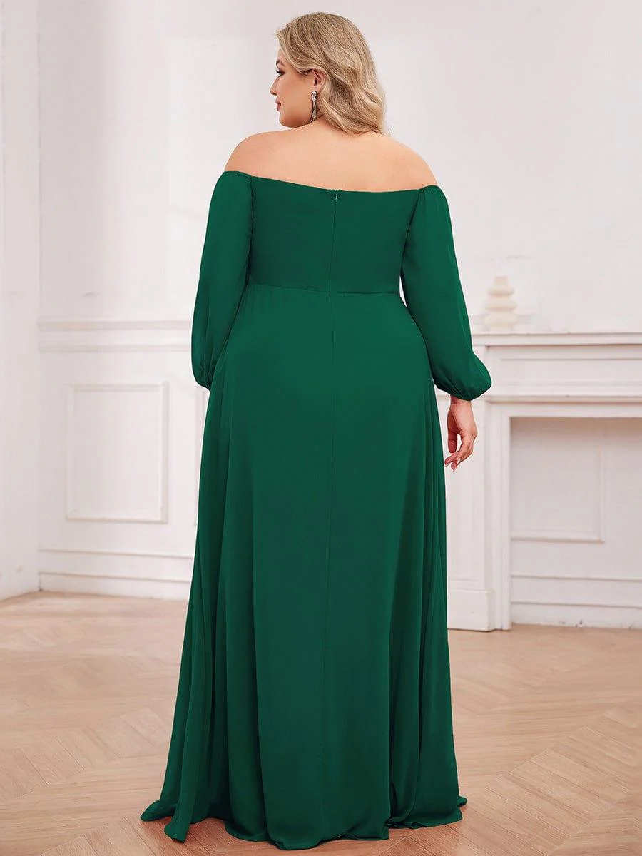 ever DANICA|Long Sleeve Chiffon Off Shoulder Dress with High Slit in Dark Green - Image 7