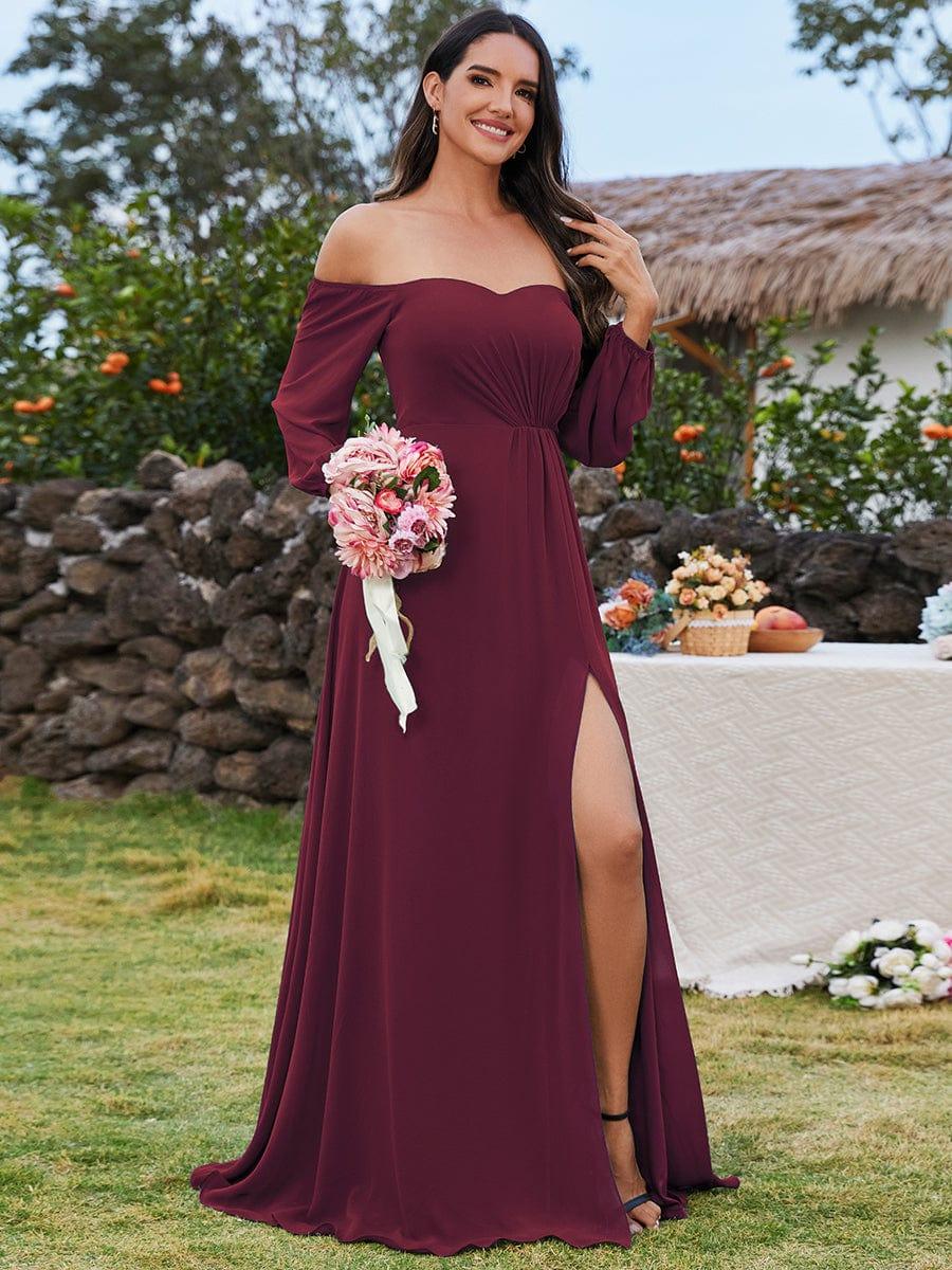 ever DANICA|Long Sleeve Chiffon Off Shoulder Evening Dresses with High Slit - Image 3