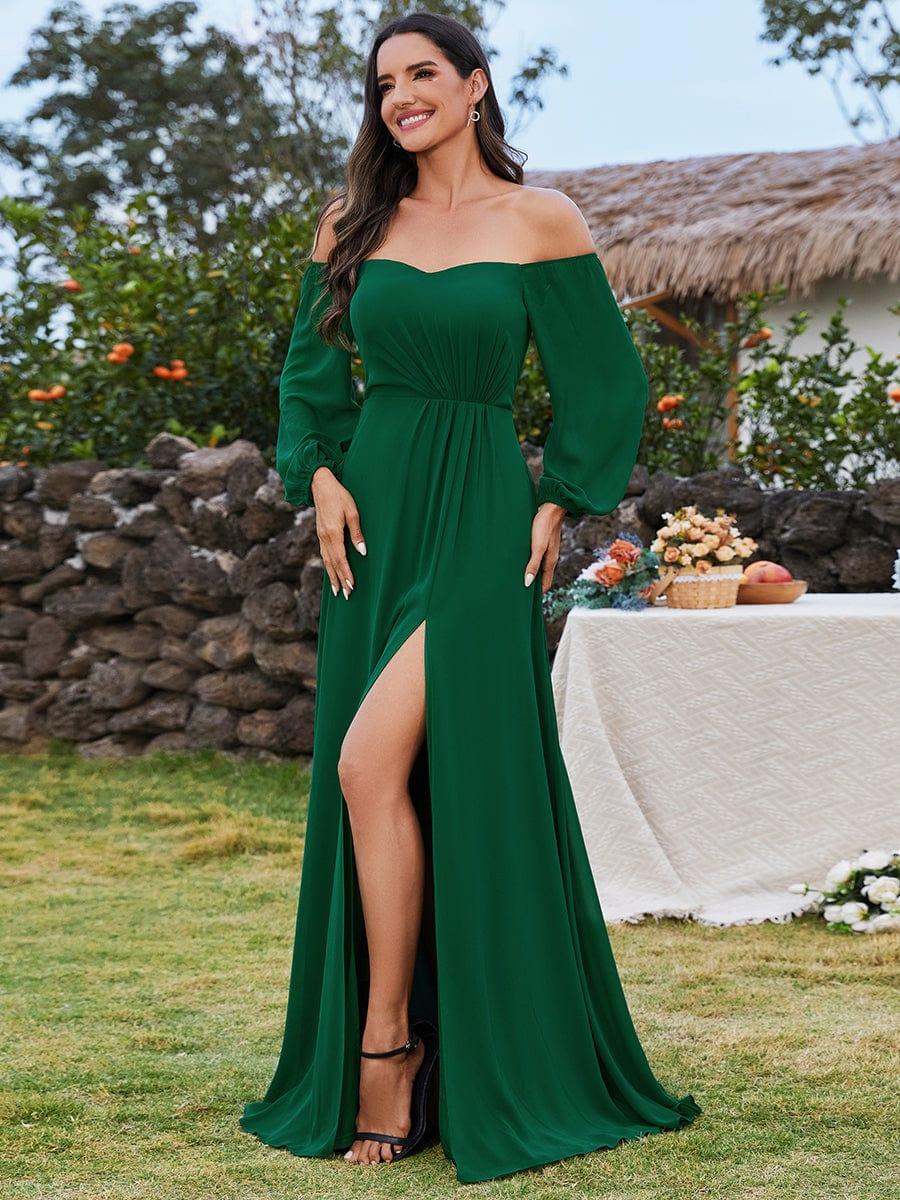 ever DANICA|Long Sleeve Chiffon Off Shoulder Evening Dresses with High Slit - Image 8