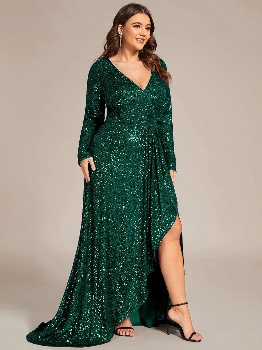 ever SYREN|Long Sleeve V-neck Asymmetrical Hem Sequin Evening Dress(Final Sale) - Image 17