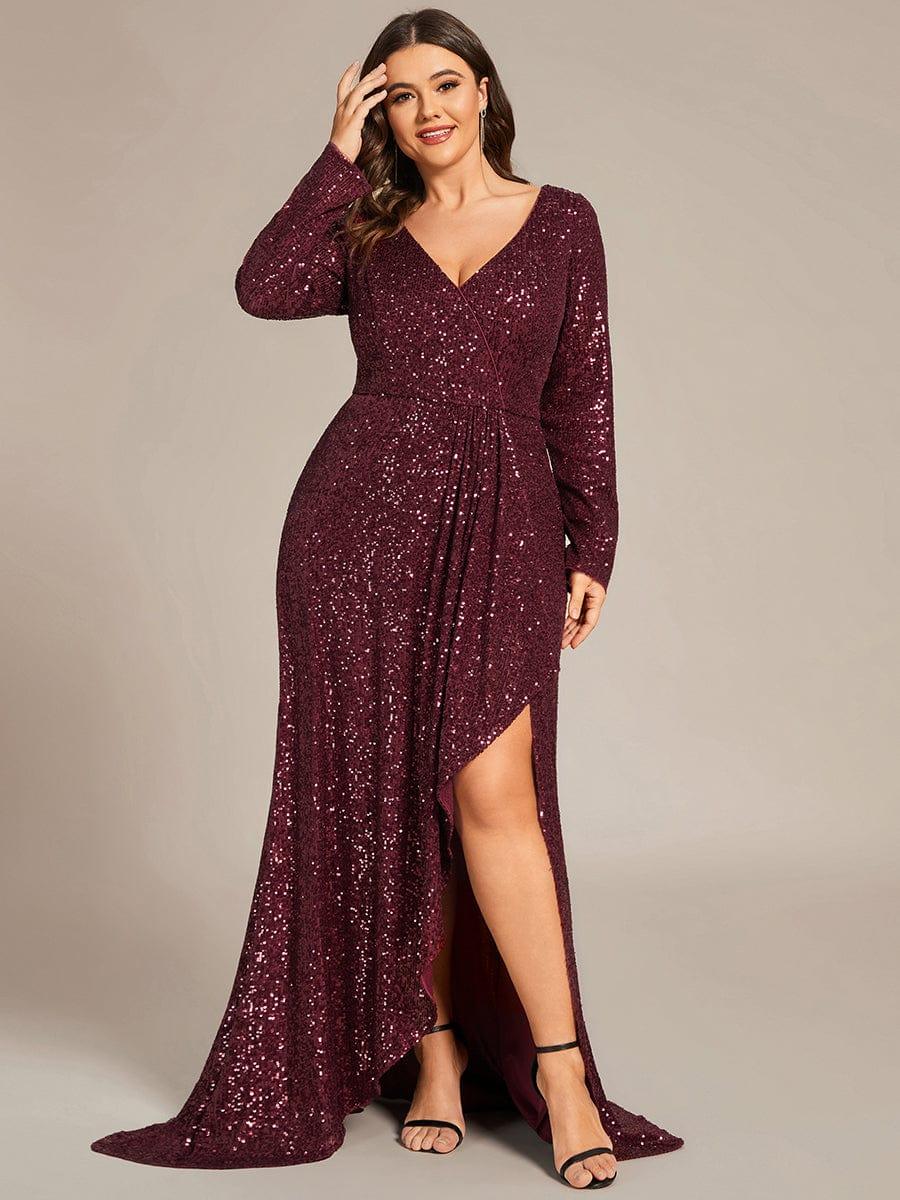 ever SYREN|Long Sleeve V-neck Asymmetrical Hem Sequin Evening Dress(Final Sale) - Image 26