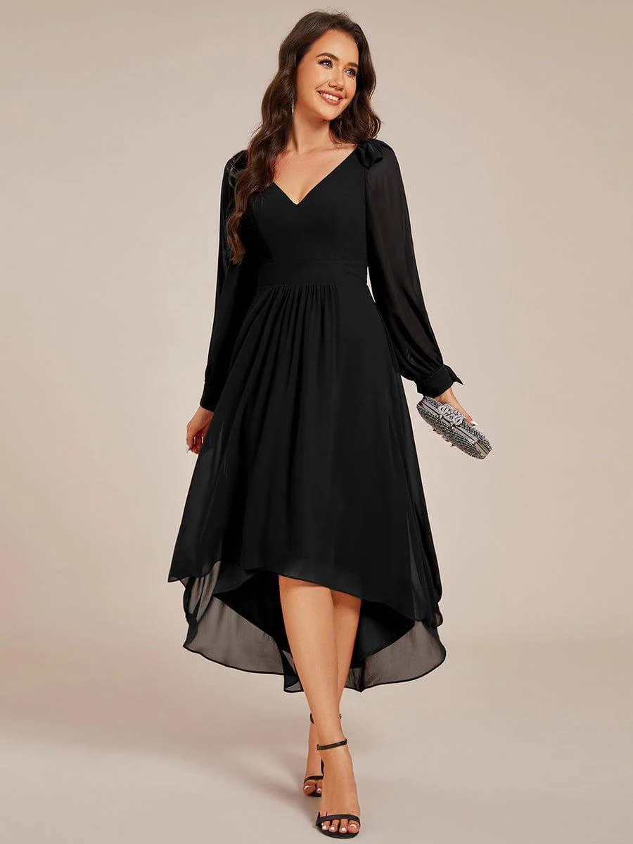 ever MYLAN|Long Sleeve V-Neck Midi Asymmetrical Hem Chiffon Bridesmaid Dress - Image 12