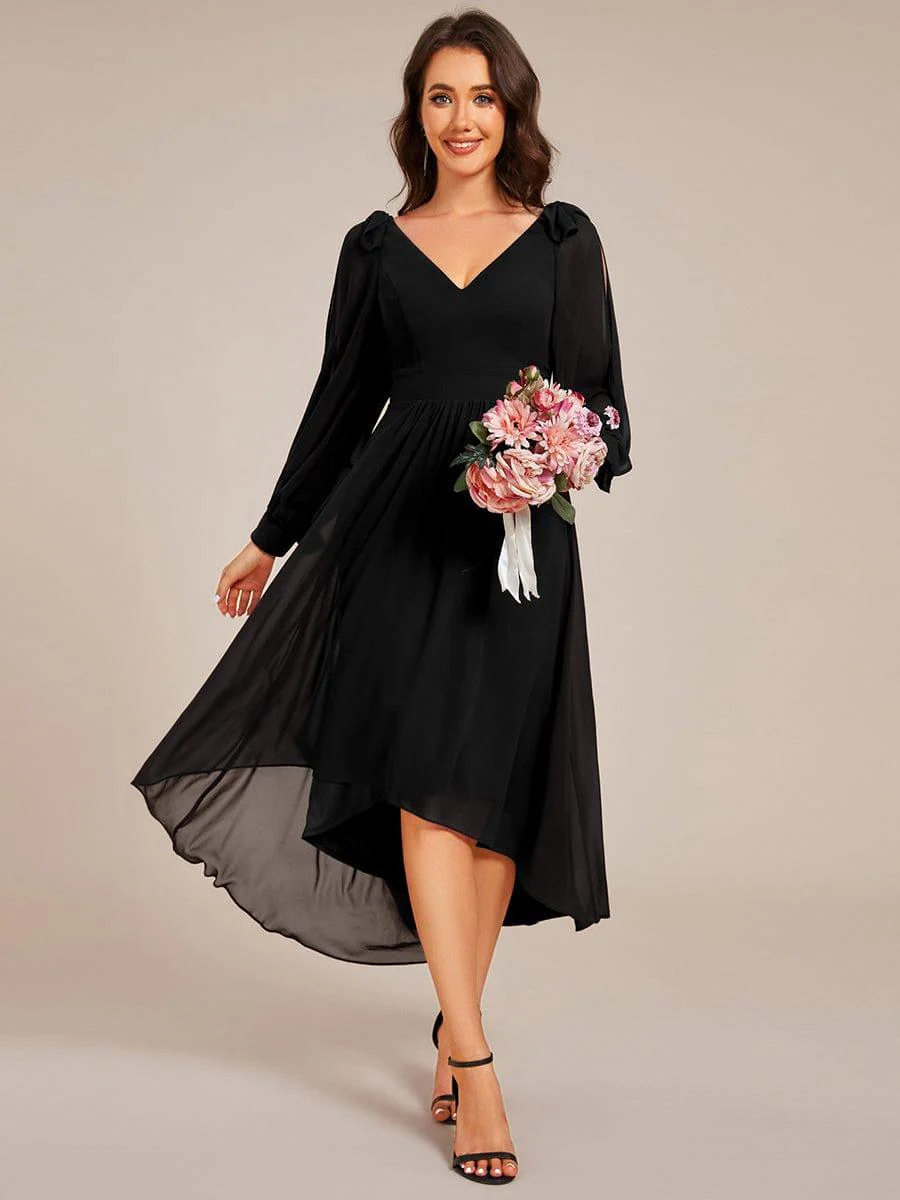 ever MYLAN|Long Sleeve V-Neck Midi Asymmetrical Hem Chiffon Bridesmaid Dress - Image 13