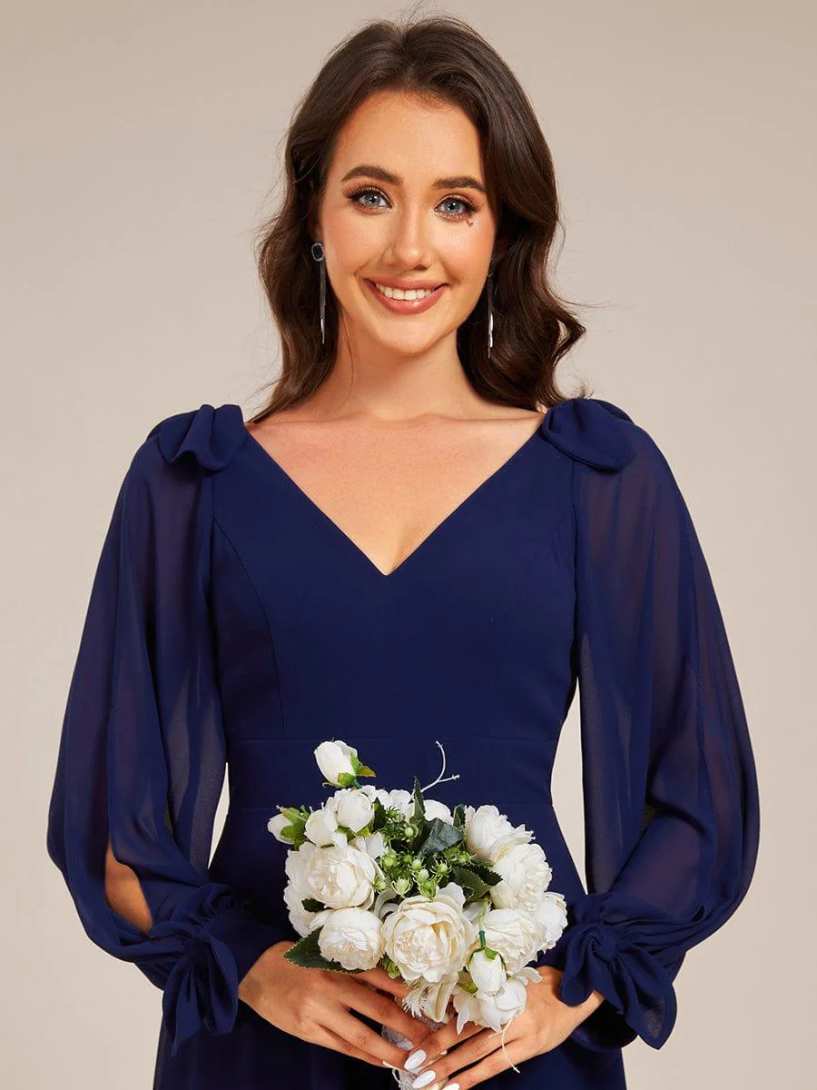 ever MYLAN|Long Sleeve V-Neck Midi Asymmetrical Hem Chiffon Bridesmaid Dress - Image 15
