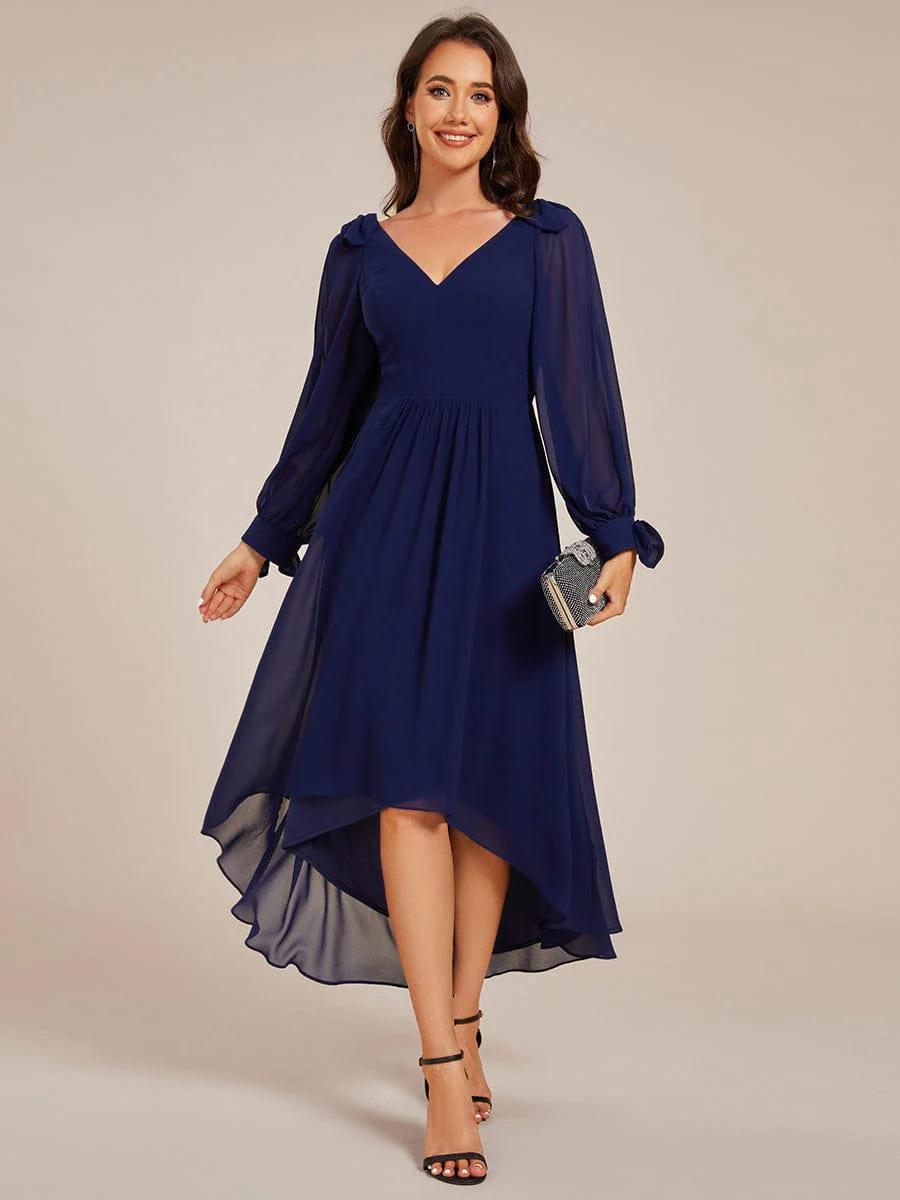 ever MYLAN|Long Sleeve V-Neck Midi Asymmetrical Hem Chiffon Bridesmaid Dress - Image 17