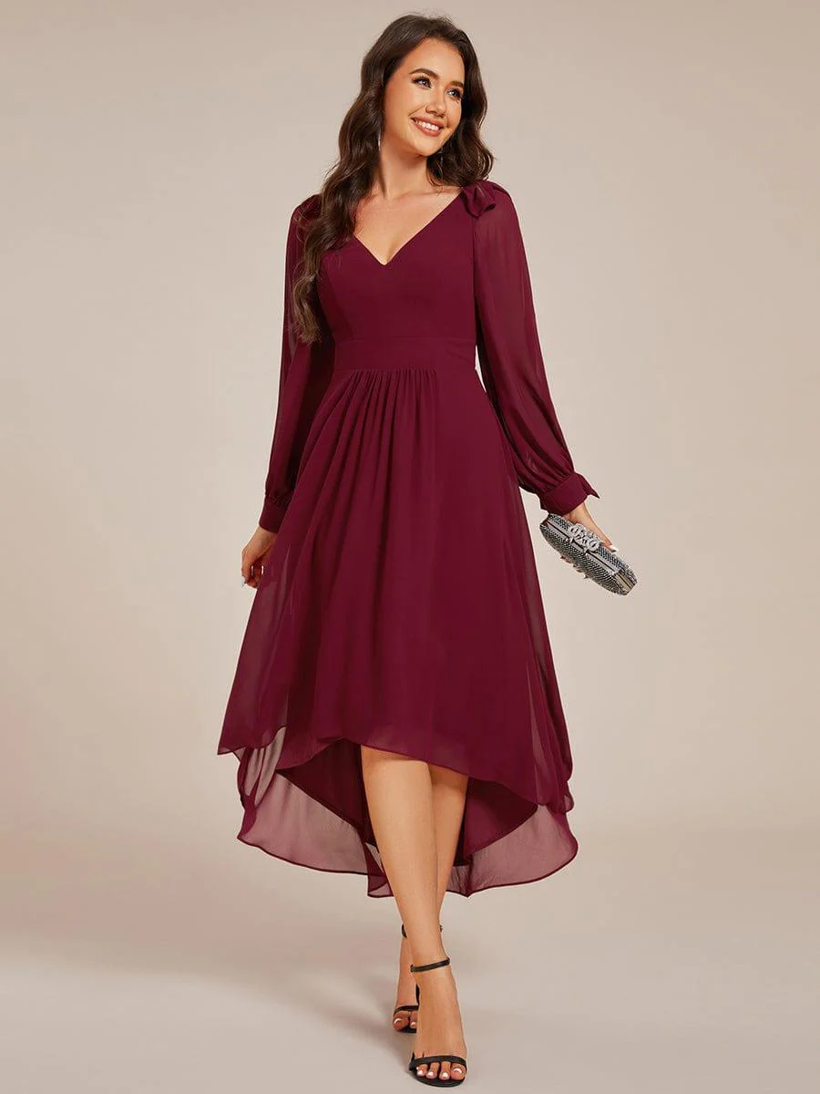 ever MYLAN|Long Sleeve V-Neck Midi Asymmetrical Hem Chiffon Bridesmaid Dress - Image 3