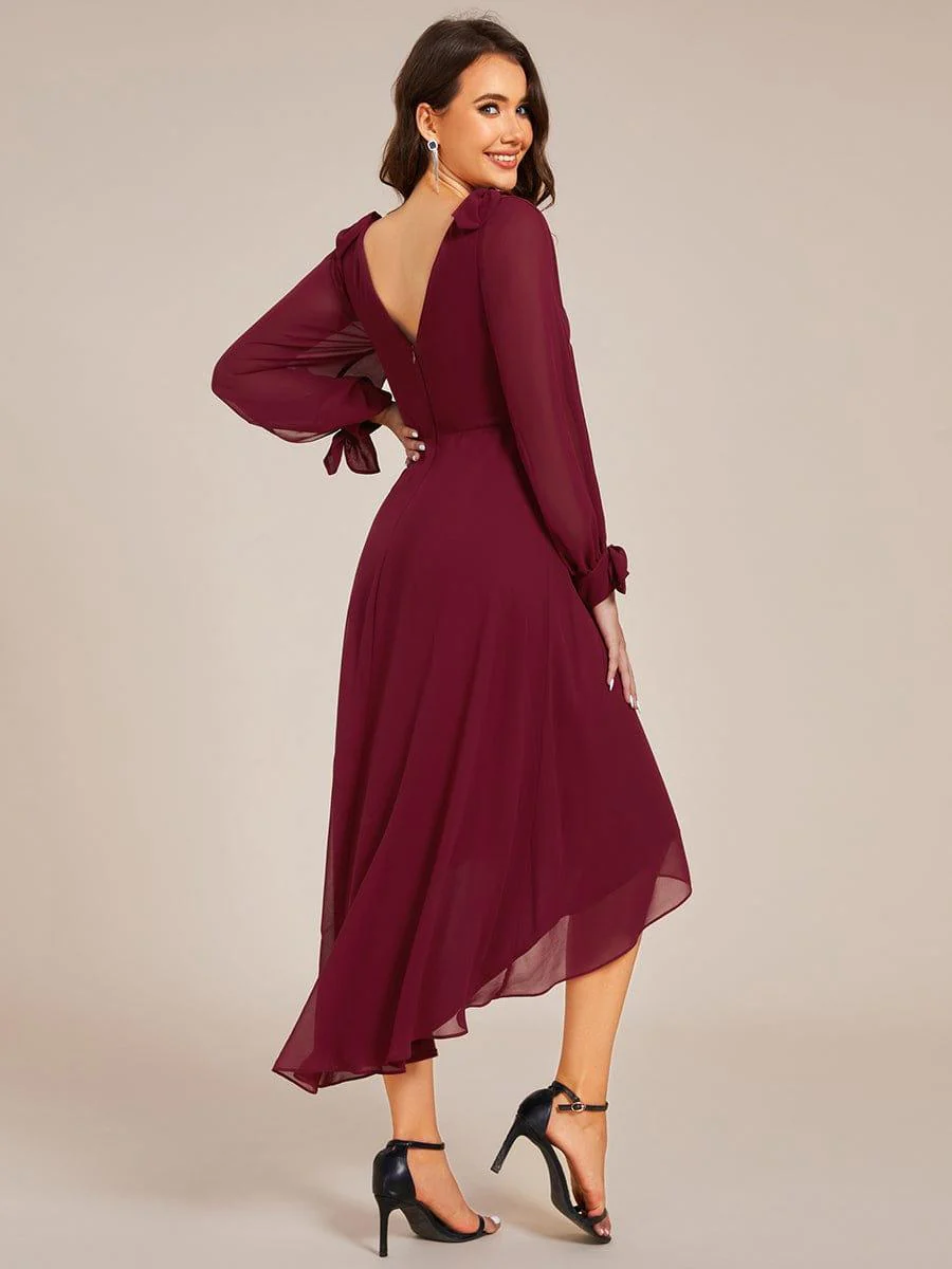 ever MYLAN|Long Sleeve V-Neck Midi Asymmetrical Hem Chiffon Bridesmaid Dress - Image 4