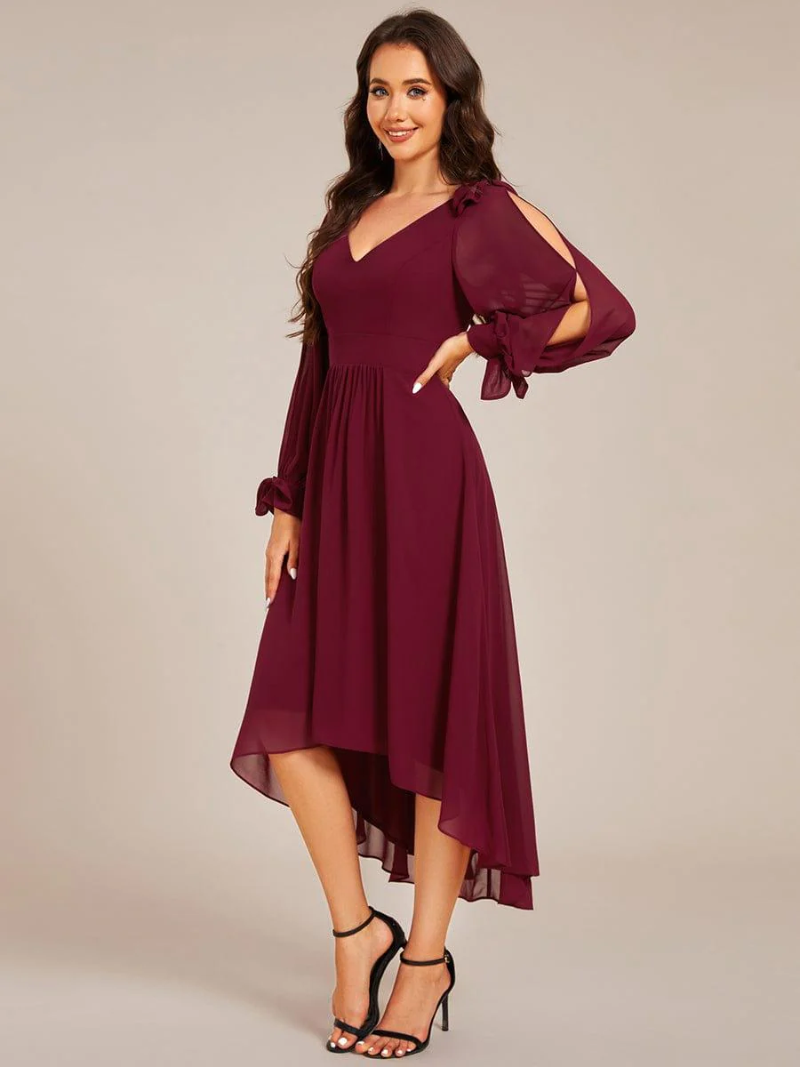ever MYLAN|Long Sleeve V-Neck Midi Asymmetrical Hem Chiffon Bridesmaid Dress - Image 7