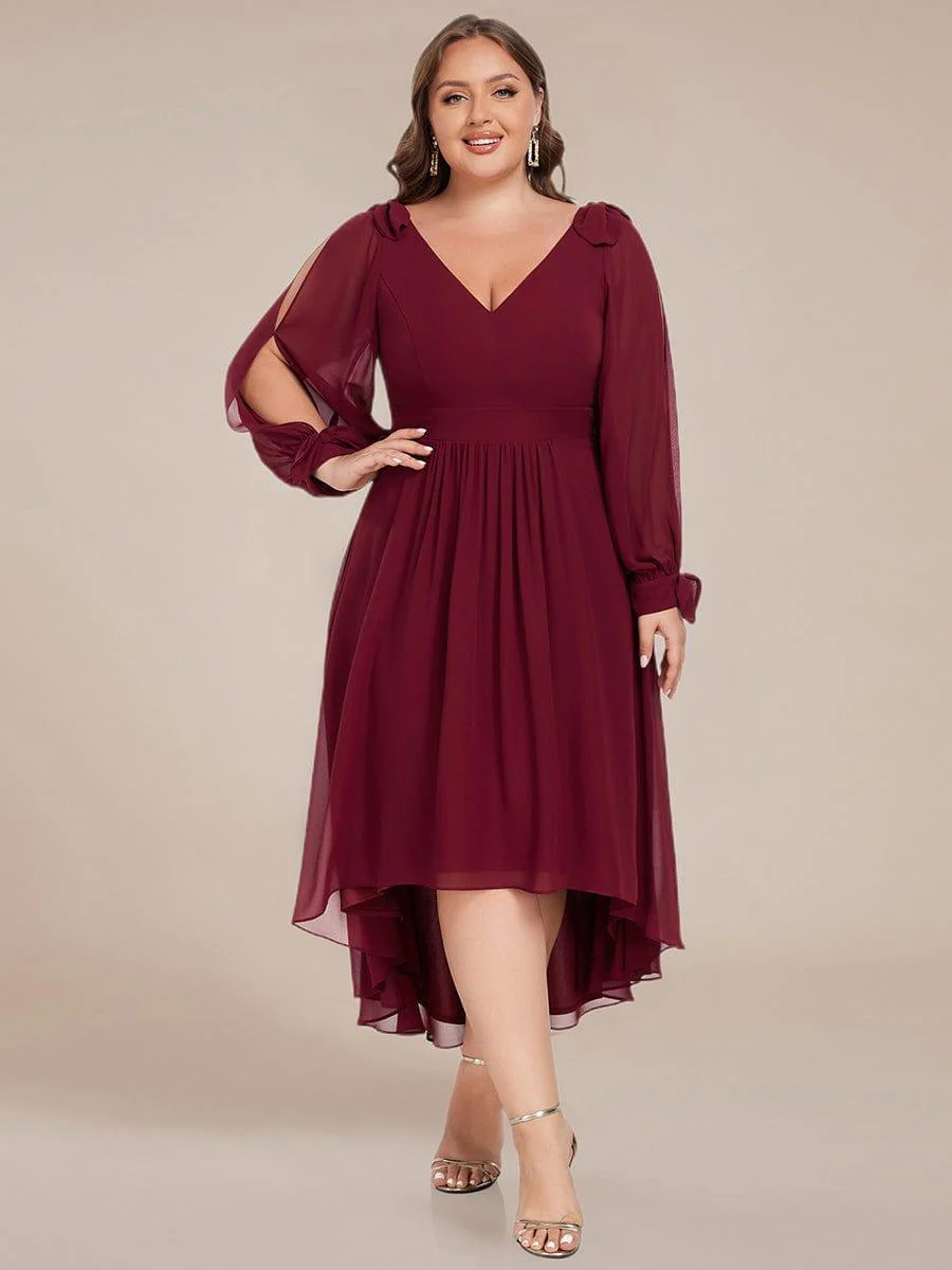 ever MYLAN|Long Sleeve V-Neck Midi Asymmetrical Hem Chiffon Bridesmaid Dress - Image 8