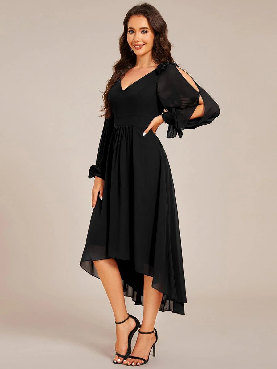 ever MYLAN|Long Sleeve V-Neck Midi Asymmetrical Hem Chiffon Bridesmaid Dress - Image 9