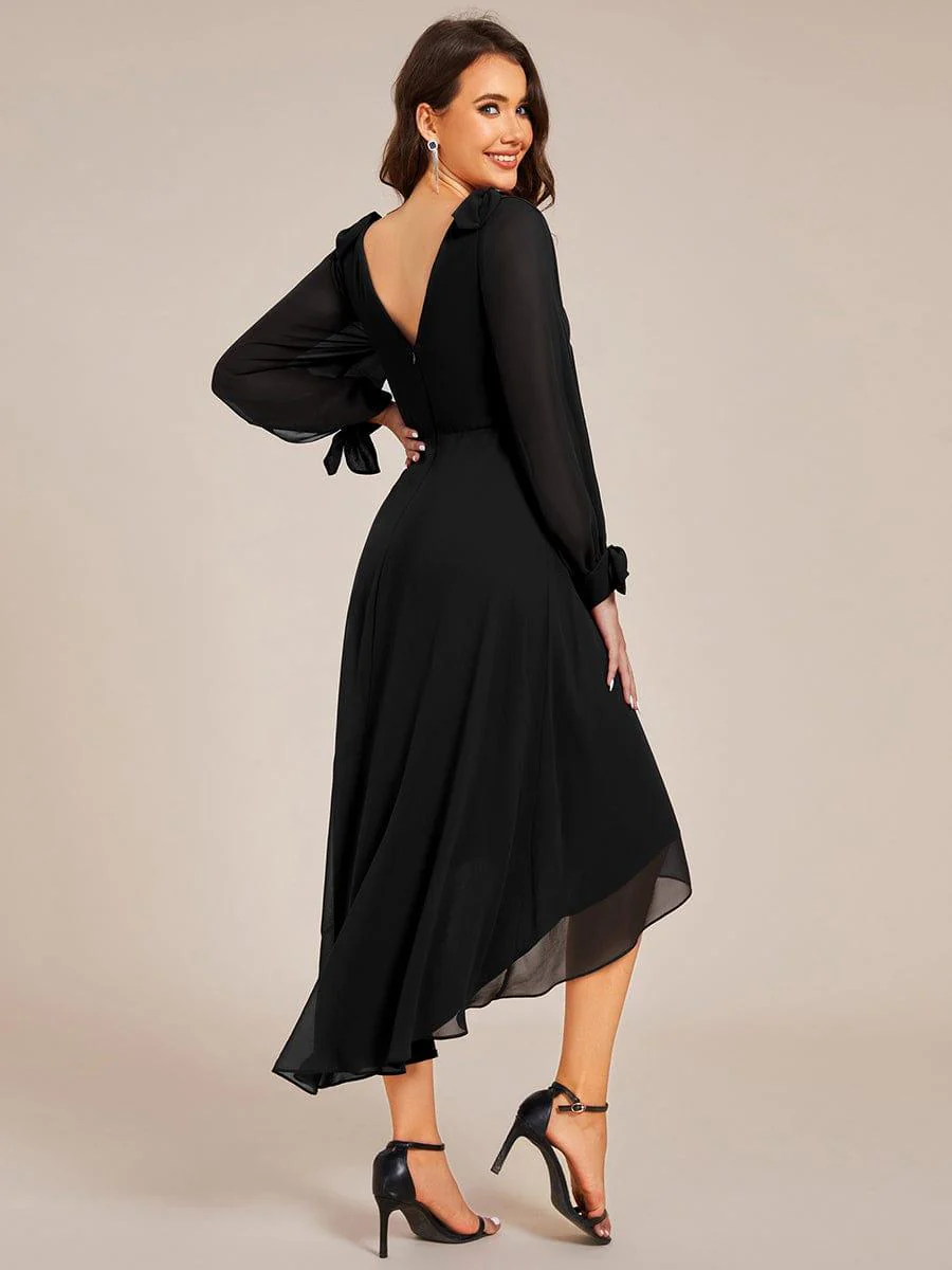 ever MYLAN|Long Sleeve V-Neck Midi Asymmetrical Hem Chiffon Dress in Black - Image 2