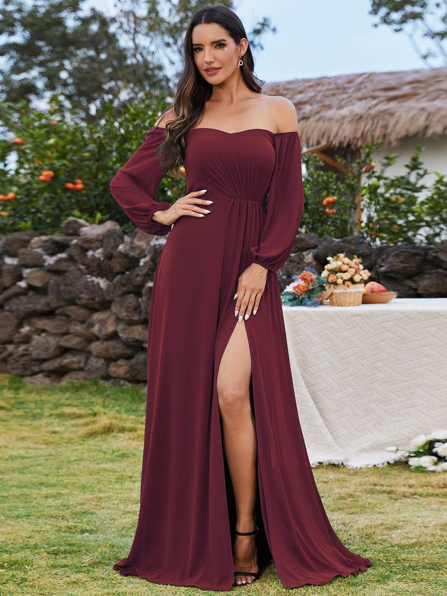 ever DANICA|Long Sleeve Chiffon Off Shoulder Bridesmaid Dresses with High Slit - Image 8