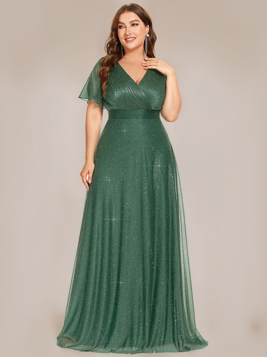 ever LIORÉ|Long Shimmery Flutter Sleeve Pleated V-Neck Evening Dress - Image 107