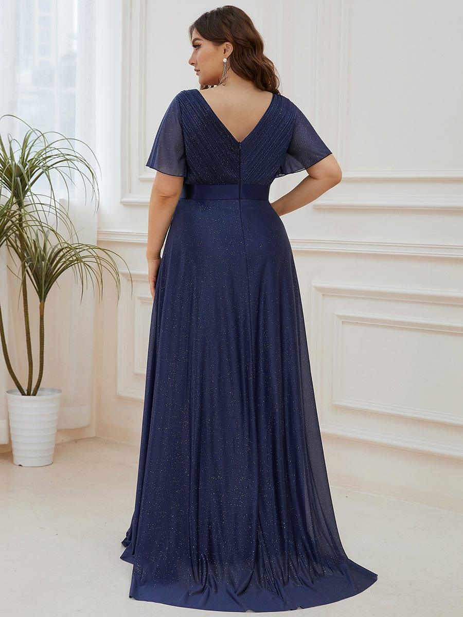 ever LIORÉ|Long Shimmery Flutter Sleeve Pleated V-Neck Evening Dress - Image 31