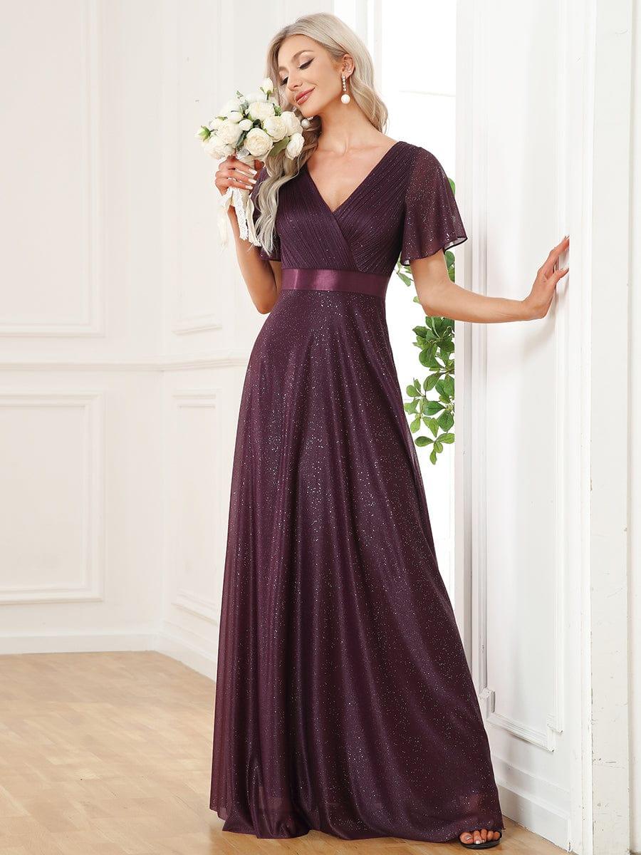 ever LIORÉ|Long Shimmery Flutter Sleeve Pleated V-Neck Evening Dress - Image 43