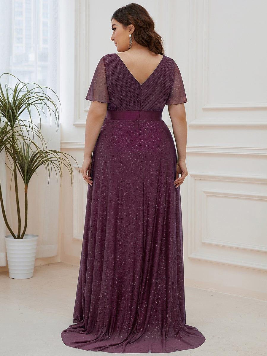 ever LIORÉ|Long Shimmery Flutter Sleeve Pleated V-Neck Evening Dress - Image 46