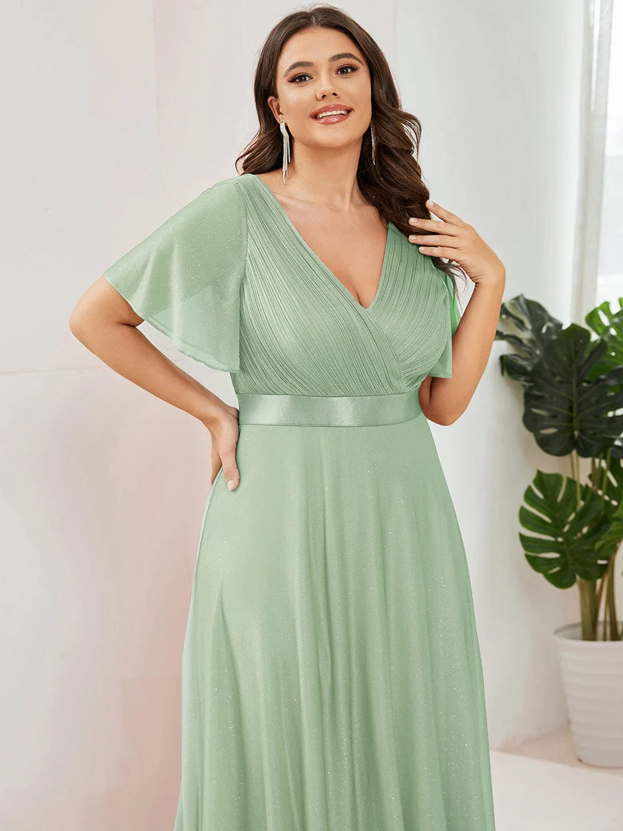 ever LIORÉ|Long Shimmery Flutter Sleeve Pleated V-Neck Evening Dress - Image 69