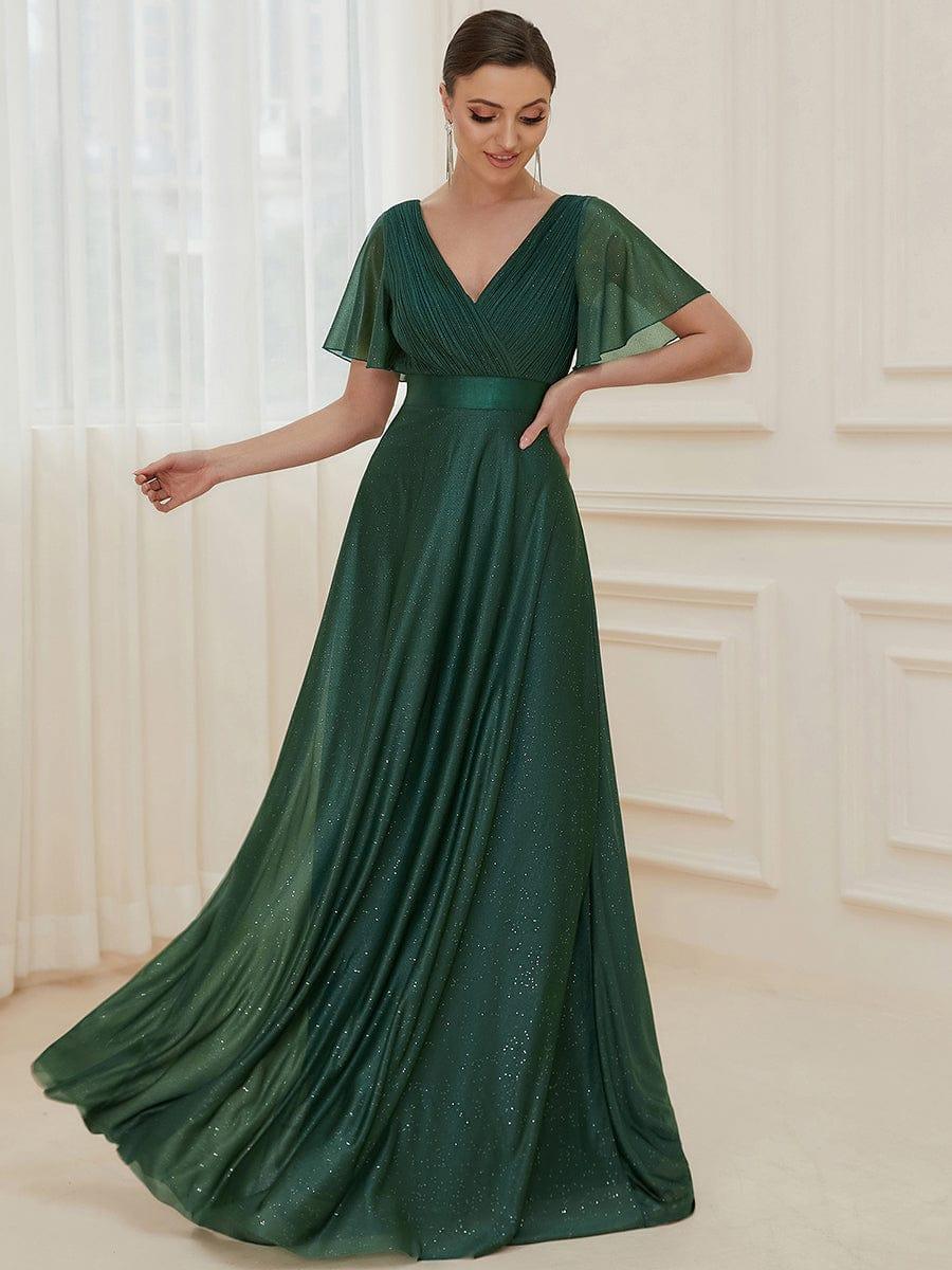 ever LIORÉ|Long Shimmery Flutter Sleeve Pleated V-Neck Evening Dress - Image 7