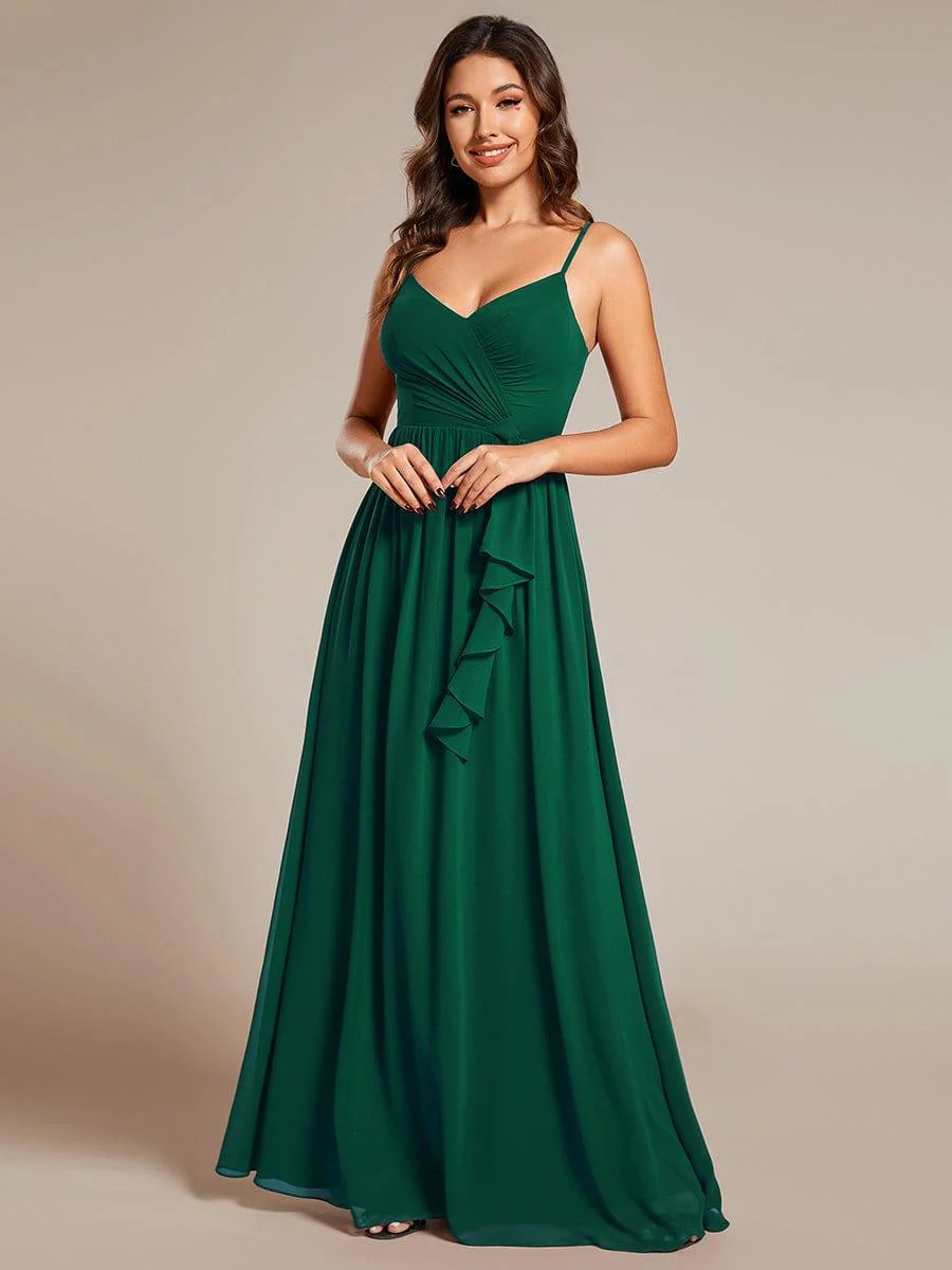 Maxi V-Neck Lotus Leaf Chiffon Dress with Pleating in Dark Green(Final Sale) - Image 4