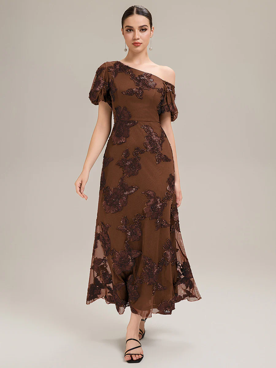 Designer One-Shoulder Puff Sleeve Evening Dress - Image 10