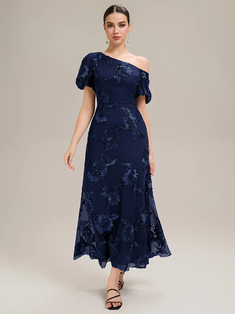 Designer One-Shoulder Puff Sleeve Evening Dress - Image 16