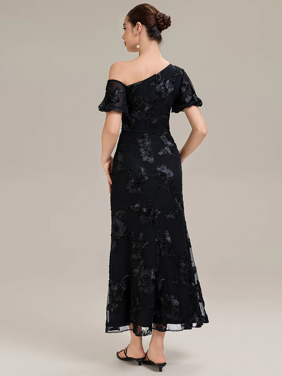 Designer One-Shoulder Puff Sleeve Evening Dress - Image 2