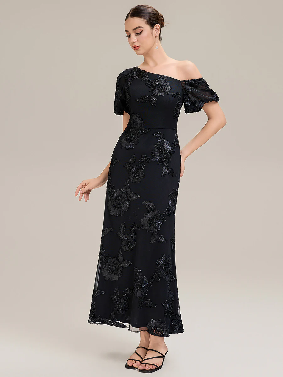 Designer One-Shoulder Puff Sleeve Evening Dress - Image 22
