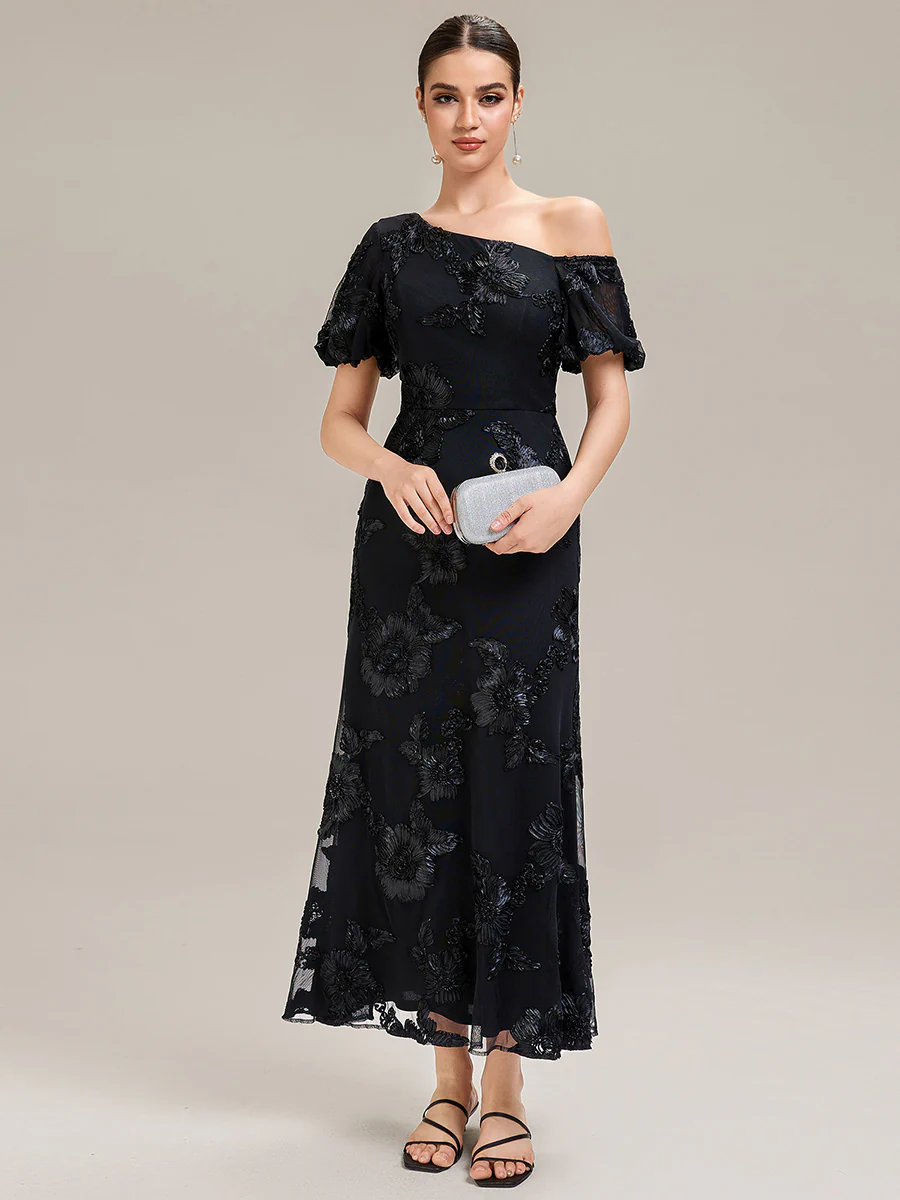 Designer One-Shoulder Puff Sleeve Evening Dress - Image 23