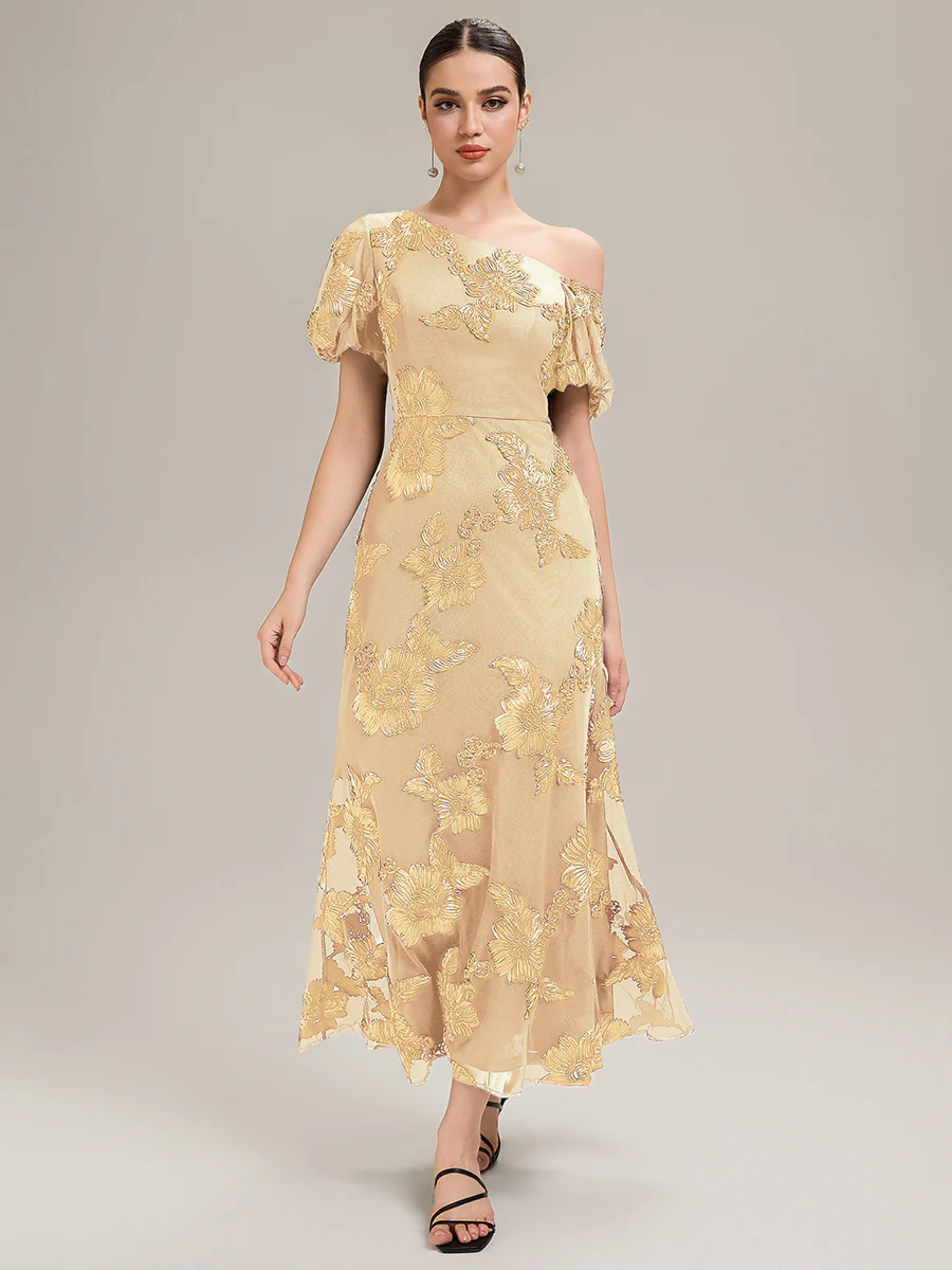 Designer One-Shoulder Puff Sleeve Evening Dress - Image 4