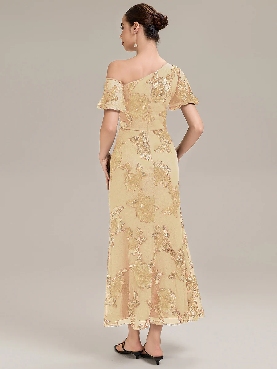 Designer One-Shoulder Puff Sleeve Evening Dress - Image 5